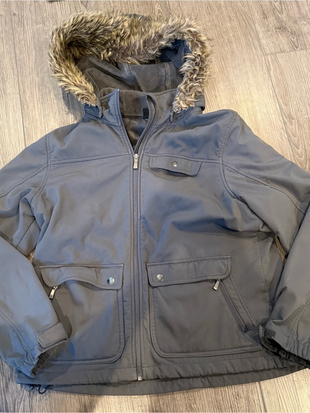 Women’s Hooded Winter Jacket with Faux Fur Trim - Gray